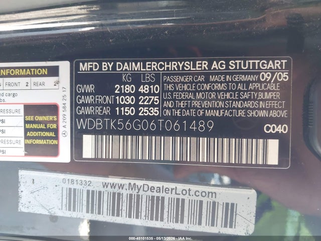 Aukcja sprzedaży 2006 Mercedes-benz Clk 350, vin: WDBTK56G06T061489, numer aukcji: 45101535