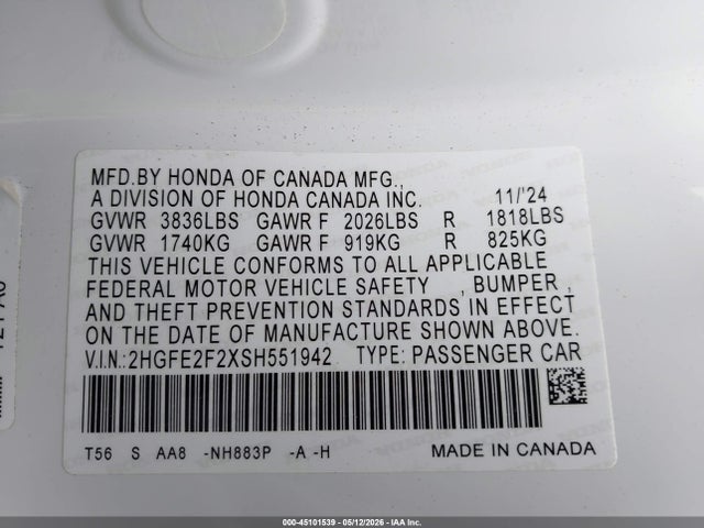 Honda Civic Lx 2025 2HGFE2F2XSH551942 Image 9