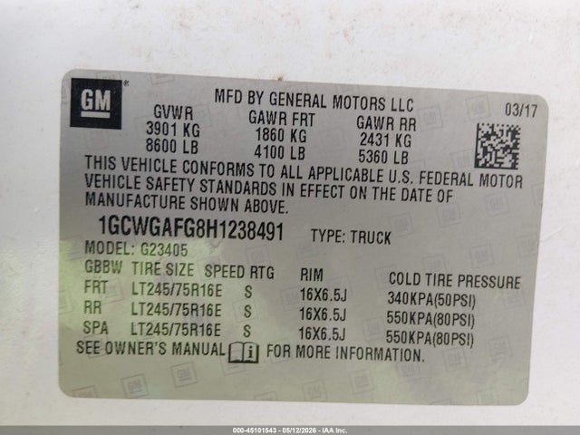 Chevrolet Express 2500 Work Van 2017 1GCWGAFG8H1238491 Image 9