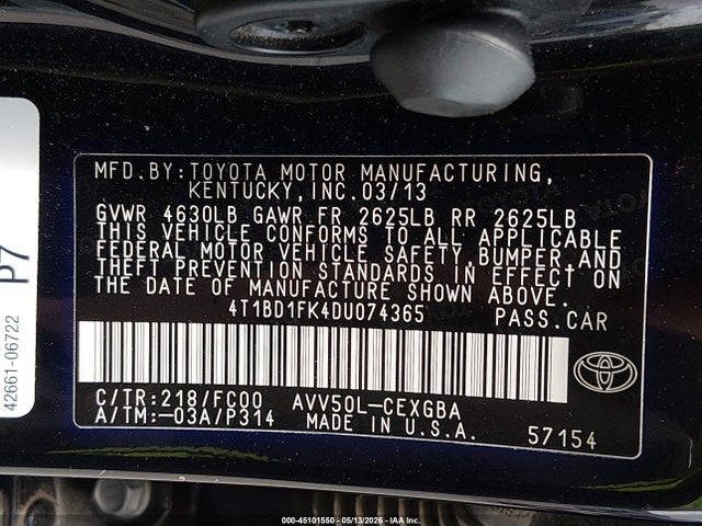 Продаж на аукціоні авто 2013 Toyota Camry Hybrid Xle, vin: 4T1BD1FK4DU074365, номер лоту: 45101550