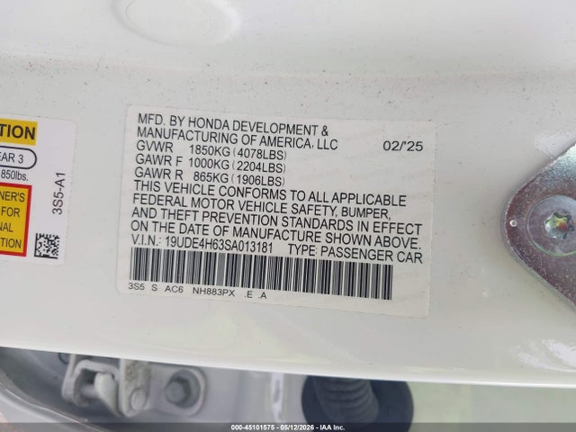 45101575 :رقم المزاد ، 19UDE4H63SA013181 vin ، 2025 Acura Integra A-spec Technology مزاد بيع