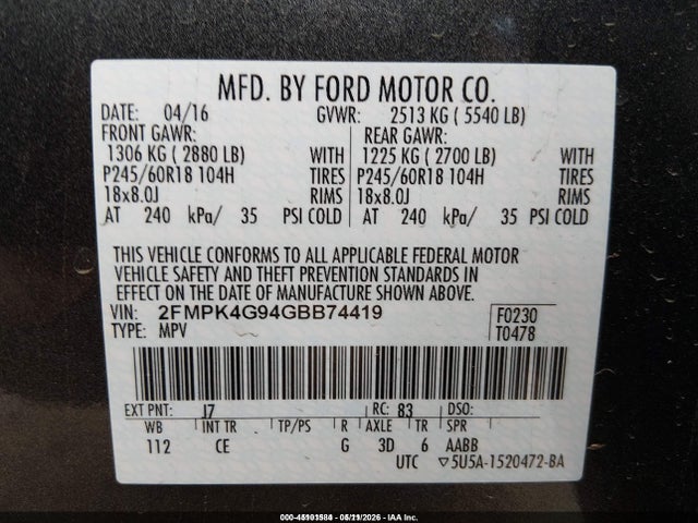 Продаж на аукціоні авто 2016 Ford Edge Se, vin: 2FMPK4G94GBB74419, номер лоту: 45101584