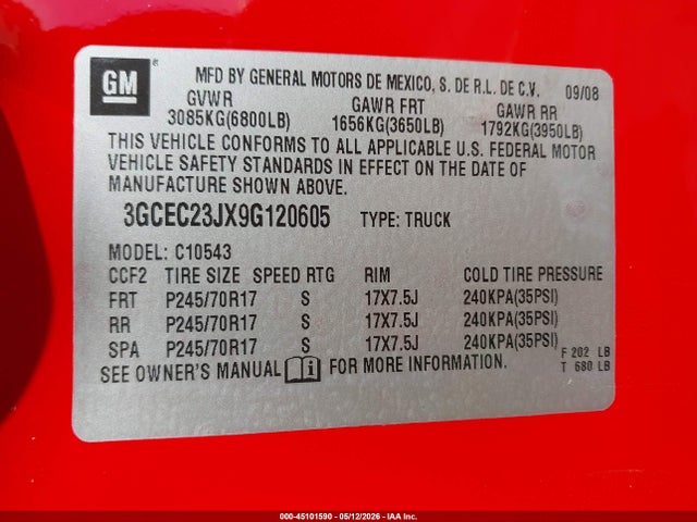 45101590 :رقم المزاد ، 3GCEC23JX9G120605 vin ، 2009 Chevrolet Silverado 1500 Lt مزاد بيع