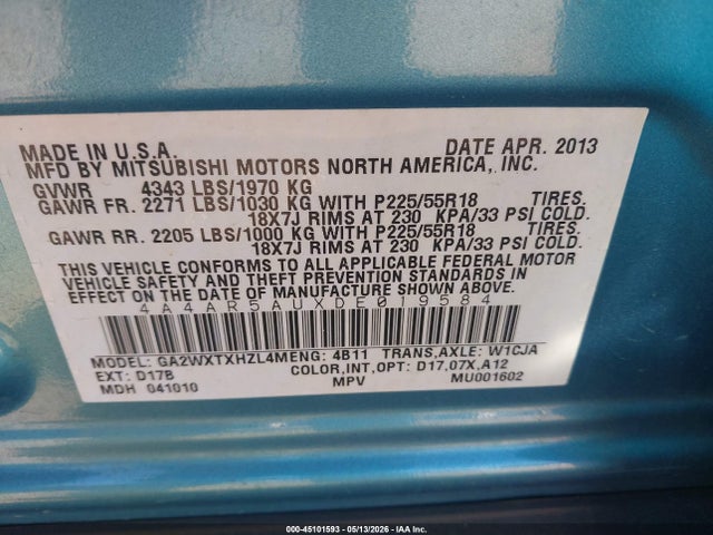 Aukcja sprzedaży 2013 Mitsubishi Outlander Sport Le, vin: 4A4AR5AUXDE019584, numer aukcji: 45101593