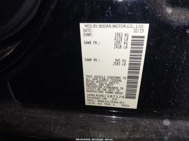 Продаж на аукціоні авто 2020 Nissan Altima Sr Fwd, vin: 1N4BL4CV0LC187179, номер лоту: 45101616