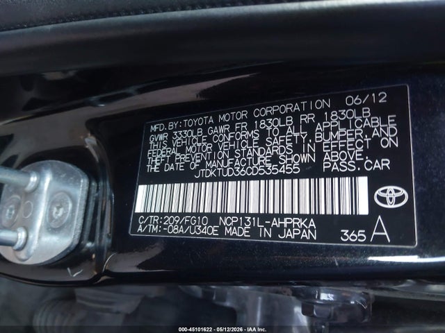 Продажа на аукционе авто 2012 Toyota Yaris L, vin: JTDKTUD36CD535455, номер лота: 45101622