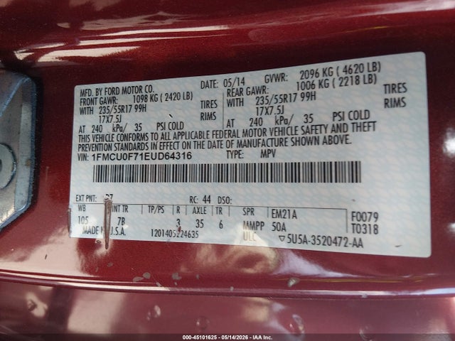 45101625 :رقم المزاد ، 1FMCU0F71EUD64316 vin ، 2014 Ford Escape S مزاد بيع