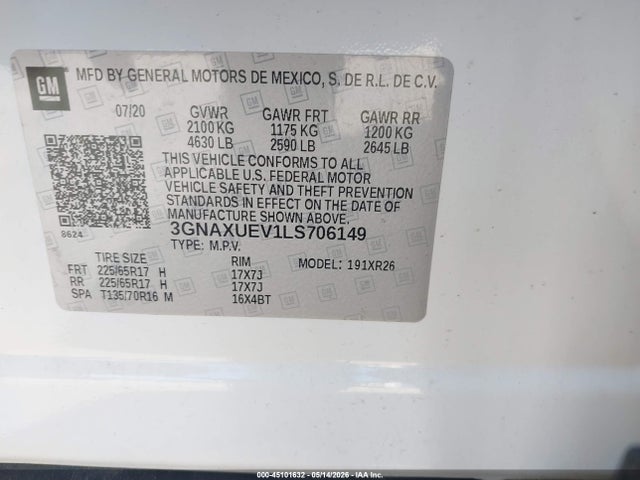 Aukcja sprzedaży 2020 Chevrolet Equinox Awd Lt 1.5l Turbo, vin: 3GNAXUEV1LS706149, numer aukcji: 45101632
