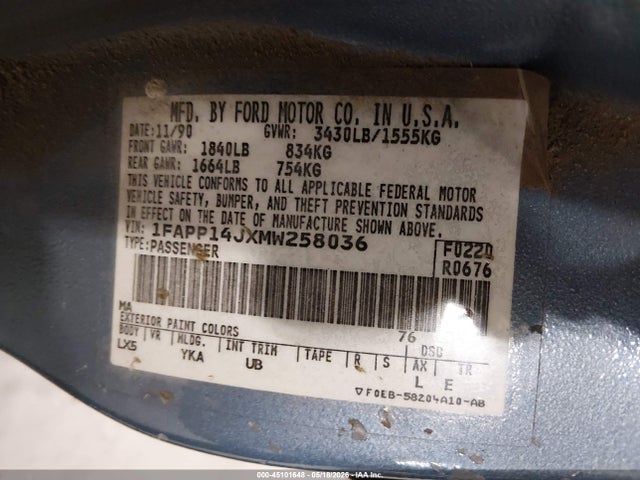 Продажа на аукционе авто 1991 Ford Escort Lx, vin: 1FAPP14JXMW258036, номер лота: 45101648