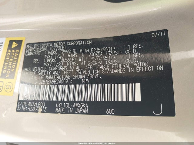 45101650 :رقم المزاد ، JTJZB1BA8B2405914 vin ، 2011 Lexus Rx 450h مزاد بيع