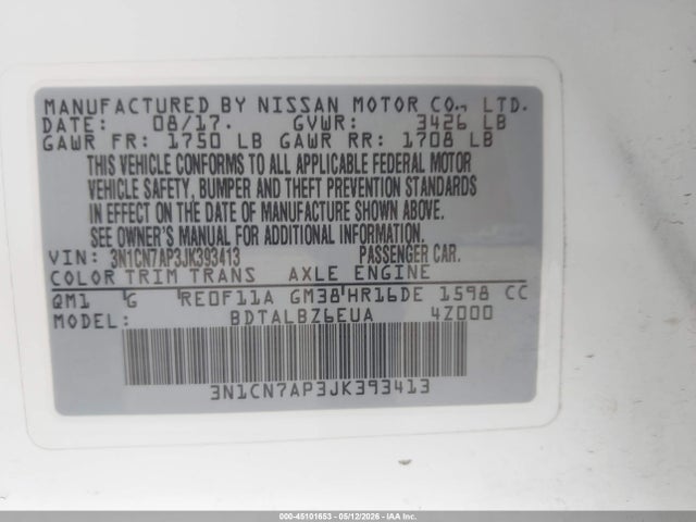 2018 Nissan Versa 1.6 Sv მანქანა იყიდება აუქციონზე, vin: 3N1CN7AP3JK393413, აუქციონის ნომერი: 45101653