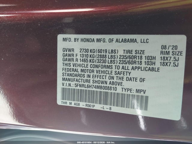 2021 Honda Odyssey Ex-l მანქანა იყიდება აუქციონზე, vin: 5FNRL6H74MB008810, აუქციონის ნომერი: 45101654
