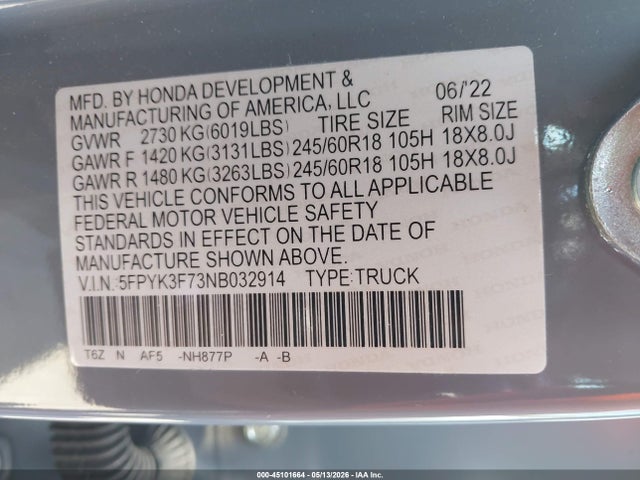 2022 Honda Ridgeline Rtl-e მანქანა იყიდება აუქციონზე, vin: 5FPYK3F73NB032914, აუქციონის ნომერი: 45101664
