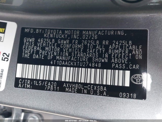 Aukcja sprzedaży 2026 Toyota Camry Se, vin: 4T1DAACKXTU274848, numer aukcji: 45101667