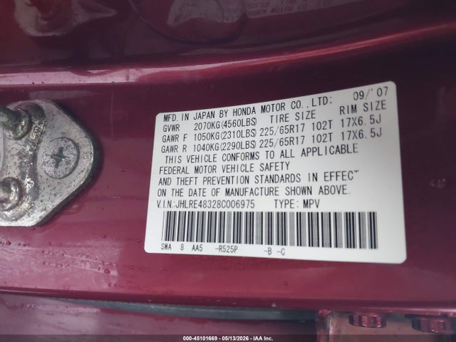 Aukcja sprzedaży 2008 Honda Cr-v Lx, vin: JHLRE48328C006975, numer aukcji: 45101669