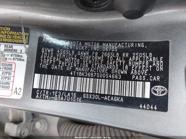 2005 Toyota Avalon Xls მანქანა იყიდება აუქციონზე, vin: 4T1BK36B75U054663, აუქციონის ნომერი: 45101677