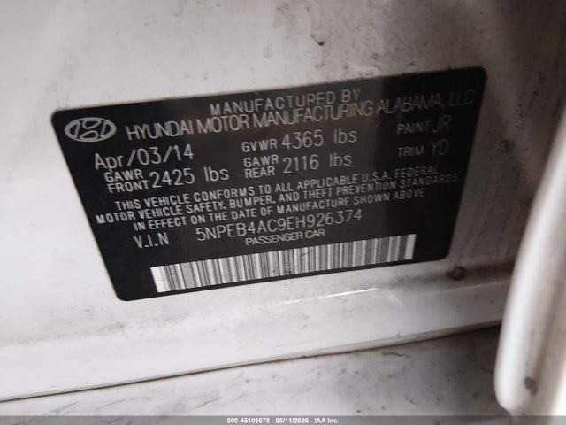 Продаж на аукціоні авто 2014 Hyundai Sonata Gls, vin: 5NPEB4AC9EH926374, номер лоту: 45101678