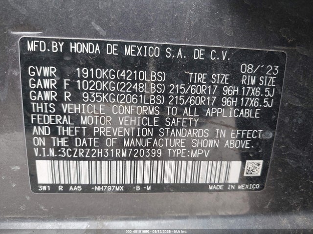 45101680 :رقم المزاد ، 3CZRZ2H31RM720399 vin ، 2024 Honda Hr-v Awd Lx مزاد بيع