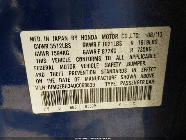 2013 Honda Fit მანქანა იყიდება აუქციონზე, vin: JHMGE8H34DC068639, აუქციონის ნომერი: 45101691