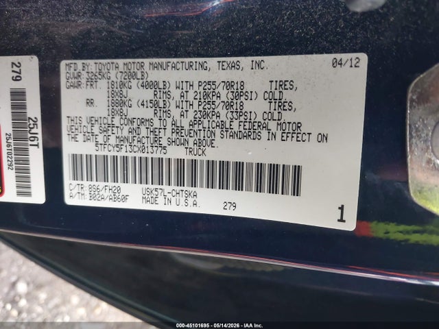 45101695 :رقم المزاد ، 5TFCY5F13CX013775 vin ، 2012 Toyota Tundra Grade 5.7l V8 مزاد بيع