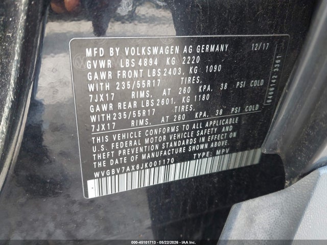 Продаж на аукціоні авто 2018 Volkswagen Tiguan Limited 2.0t, vin: WVGBV7AX6JK001170, номер лоту: 45101713