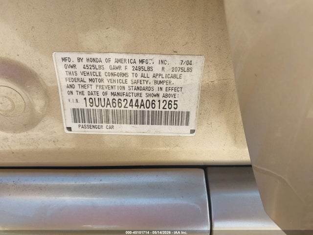 Aukcja sprzedaży 2004 Acura Tl, vin: 19UUA66244A061265, numer aukcji: 45101714