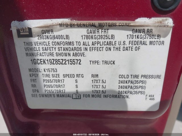 Продаж на аукціоні авто 2005 Chevrolet Silverado 1500 Z71, vin: 1GCEK19Z85Z215572, номер лоту: 45101722