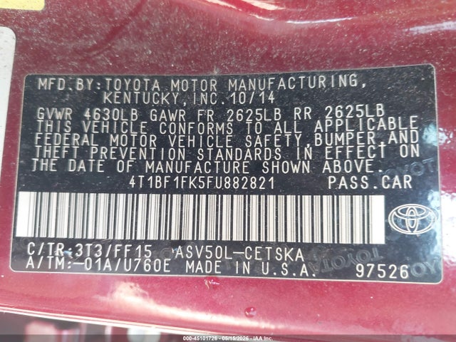 Aukcja sprzedaży 2015 Toyota Camry Se, vin: 4T1BF1FK5FU882821, numer aukcji: 45101726
