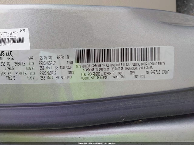 Продаж на аукціоні авто 2018 Dodge Grand Caravan Se, vin: 2C4RDGBG1JR296815, номер лоту: 45101736