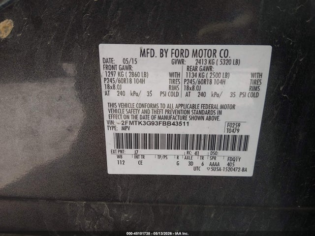 Продажа на аукционе авто 2015 Ford Edge Se, vin: 2FMTK3G93FBB43511, номер лота: 45101738