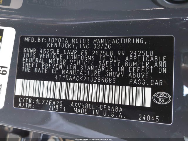 Продажа на аукционе авто 2026 Toyota Camry Le, vin: 4T1DAACK2TU286685, номер лота: 45101743