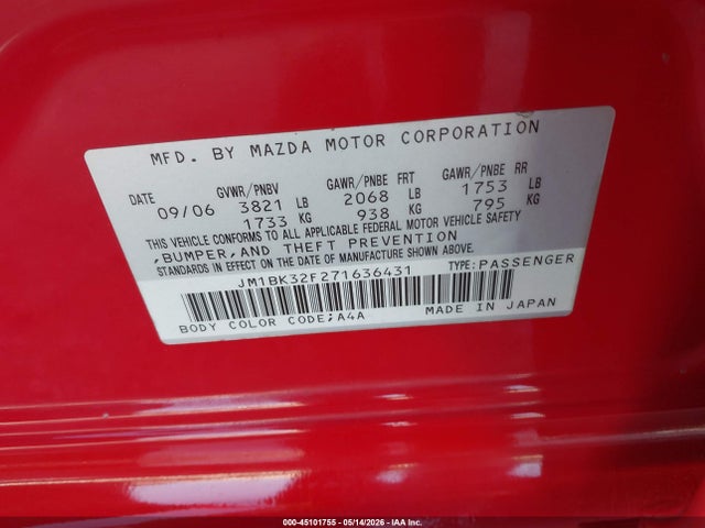 45101755 :رقم المزاد ، JM1BK32F271636431 vin ، 2007 Mazda Mazda3 I مزاد بيع