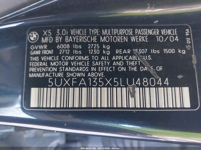 45101756 :رقم المزاد ، 5UXFA135X5LU48044 vin ، 2005 Bmw X5 3.0i مزاد بيع