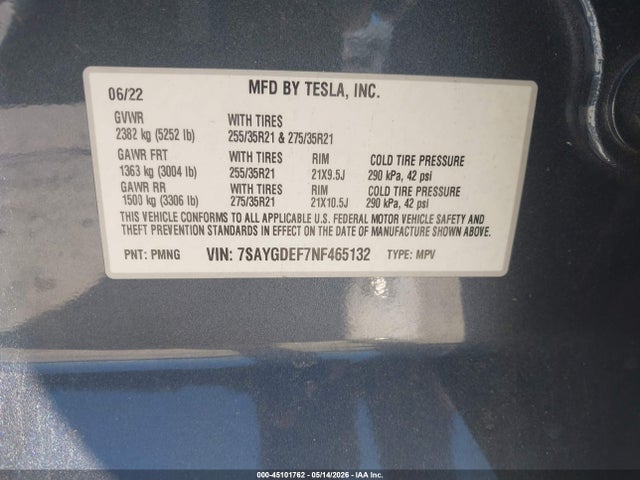 Auction sale of the 2022 Tesla Model Y Performance Dual Motor All-wheel Drive, vin: 7SAYGDEF7NF465132, lot number: 45101762