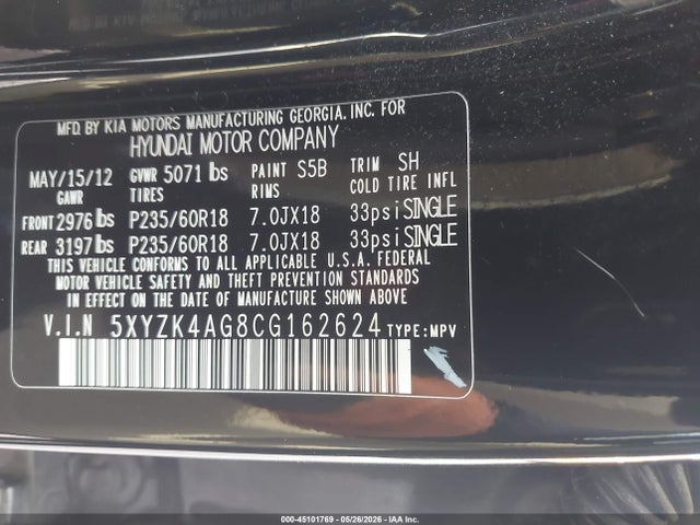 2012 Hyundai Santa Fe Limited V6 მანქანა იყიდება აუქციონზე, vin: 5XYZK4AG8CG162624, აუქციონის ნომერი: 45101769