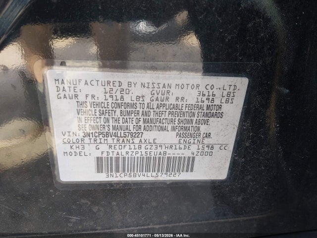Aukcja sprzedaży 2020 Nissan Kicks S Xtronic Cvt, vin: 3N1CP5BV4LL579227, numer aukcji: 45101771