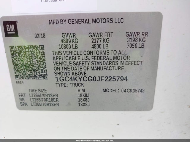 Aukcja sprzedaży 2018 Chevrolet Silverado 3500hd Wt, vin: 1GC4KYCG0JF225794, numer aukcji: 45101775