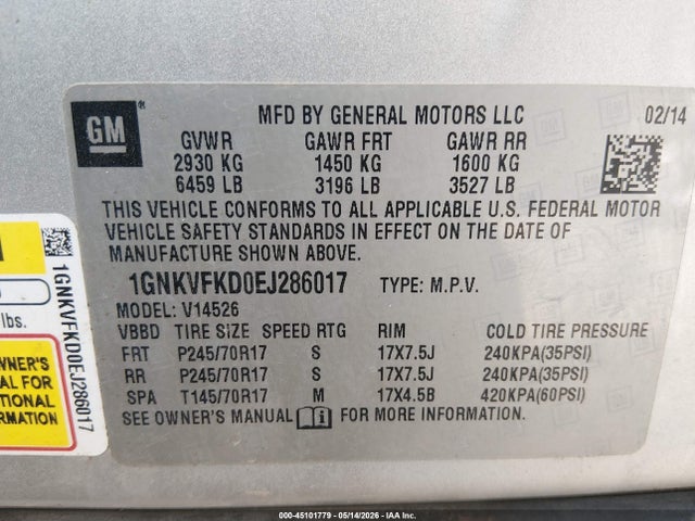 45101779 :رقم المزاد ، 1GNKVFKD0EJ286017 vin ، 2014 Chevrolet Traverse Ls مزاد بيع
