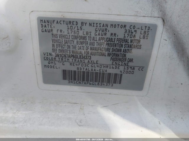 Aukcja sprzedaży 2016 Nissan Versa 1.6 S, vin: 3N1CN7AP6GL834373, numer aukcji: 45101780