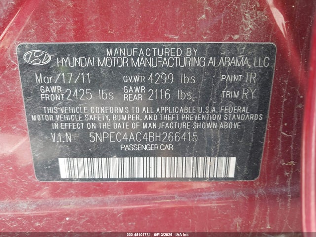 45101781 :رقم المزاد ، 5NPEC4AC4BH266415 vin ، 2011 Hyundai Sonata Se مزاد بيع