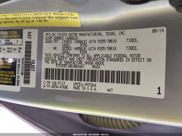Aukcja sprzedaży 2014 Toyota Tundra Sr5 4.6l V8, vin: 5TFEM5F10EX081667, numer aukcji: 45101786
