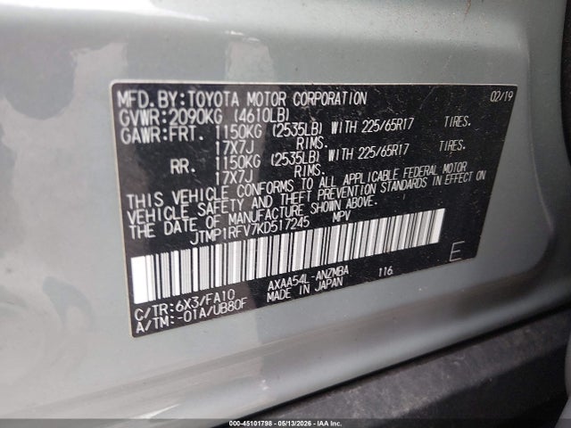 45101798 :رقم المزاد ، JTMP1RFV7KD517245 vin ، 2019 Toyota Rav4 Xle مزاد بيع