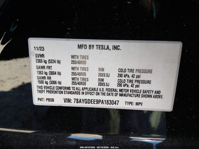 Продаж на аукціоні авто 2023 Tesla Model Y, vin: 7SAYGDEE9PA183047, номер лоту: 45101806