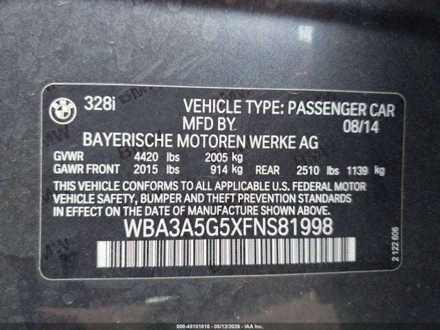 2015 Bmw 328i მანქანა იყიდება აუქციონზე, vin: WBA3A5G5XFNS81998, აუქციონის ნომერი: 45101818