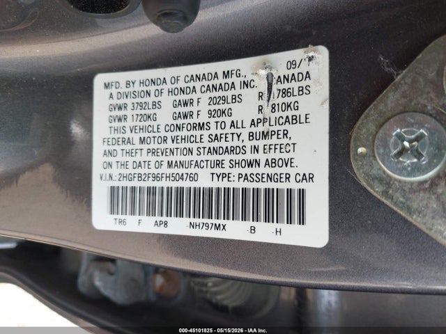 45101825 :رقم المزاد ، 2HGFB2F96FH504760 vin ، 2015 Honda Civic Ex-l مزاد بيع