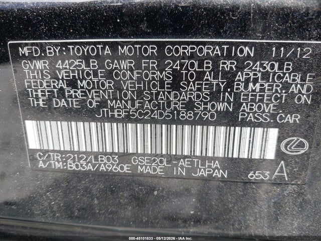 Продажа на аукционе авто 2013 Lexus Is 250, vin: JTHBF5C24D5188790, номер лота: 45101833