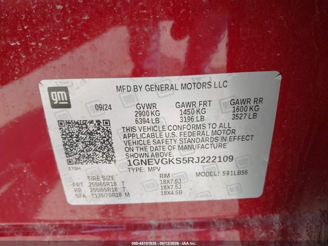 45101835 :رقم المزاد ، 1GNEVGKS5RJ222109 vin ، 2024 Chevrolet Traverse Awd Lt مزاد بيع