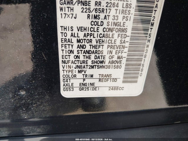 2017 Nissan Rogue S მანქანა იყიდება აუქციონზე, vin: JN8AT2MT5HW381580, აუქციონის ნომერი: 45101848