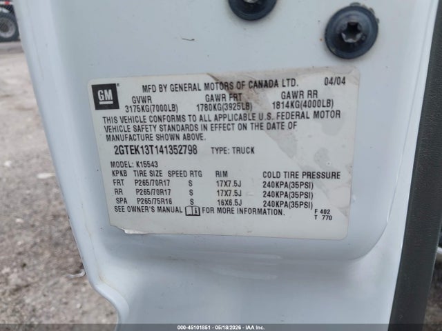 45101851 :رقم المزاد ، 2GTEK13T141352798 vin ، 2004 Gmc Sierra 1500 Sle مزاد بيع