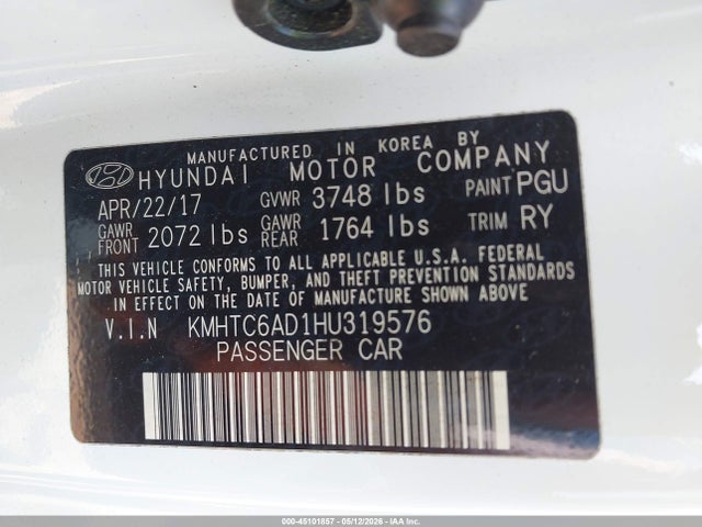 Продаж на аукціоні авто 2017 Hyundai Veloster Value Edition, vin: KMHTC6AD1HU319576, номер лоту: 45101857